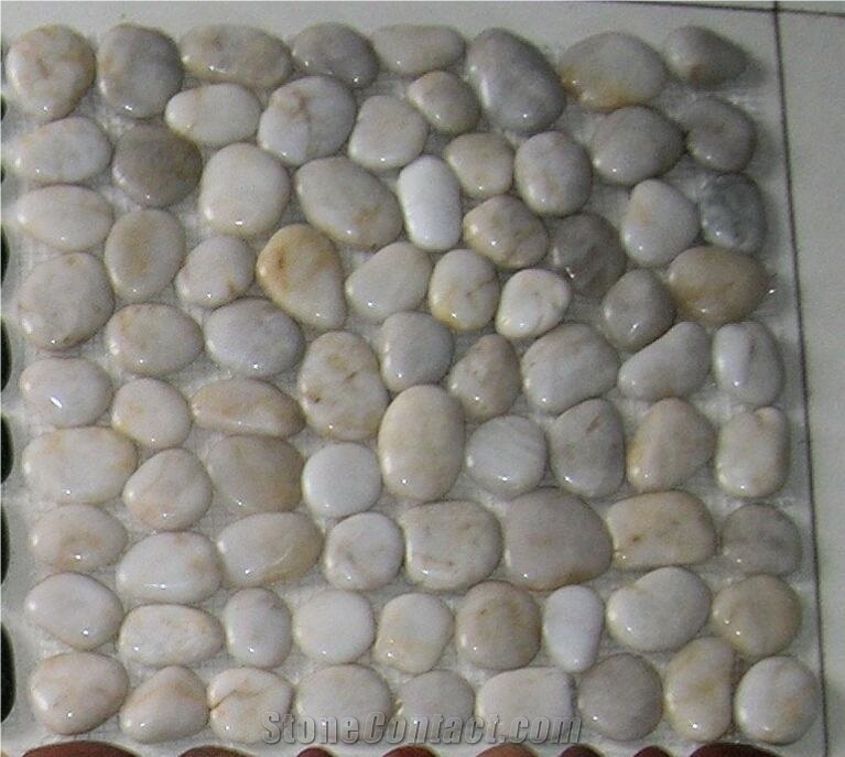 White Cream River Pebble Stone Pattern On Mesh Pebble Mosaic Tiles SYPM08