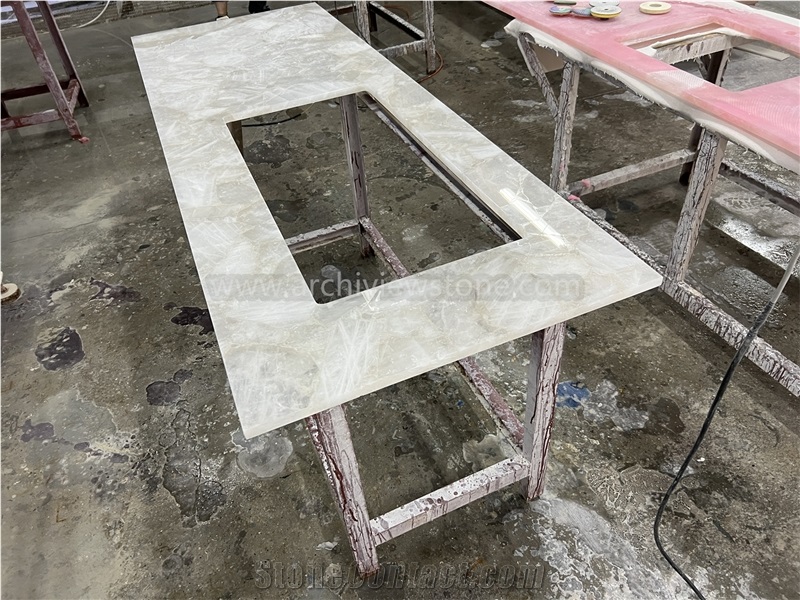 Lighted White Crystal Quartz Semiprecious Stone Table Tops