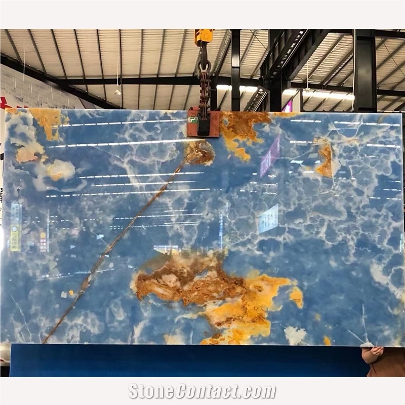 Natural Blue Onyx Marble Slab Bookmatch Translucent For Wall