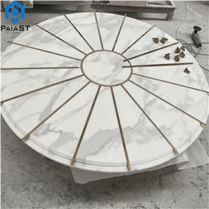 Round Natural White Marble Table Top With Brass For Home