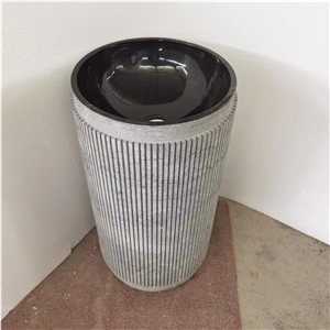 Bath Round Sink Fluted Blue Stone Pedestal Basin