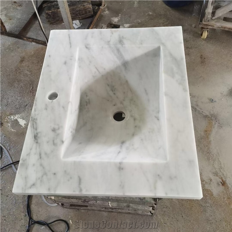 Carved Stone Pedestal Wash Basin Carrara Marble Square Sink