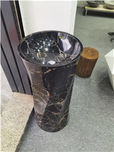 Marble Pedestal Wash Basin Stone Portoro Black Round Sink
