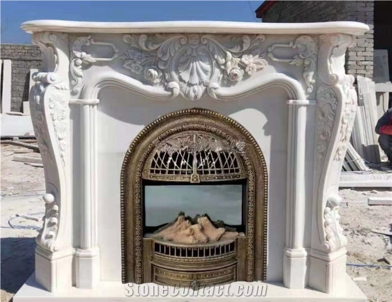 Sculptured Stone Fireplace Marble Sunny Beige Indoor Mantel
