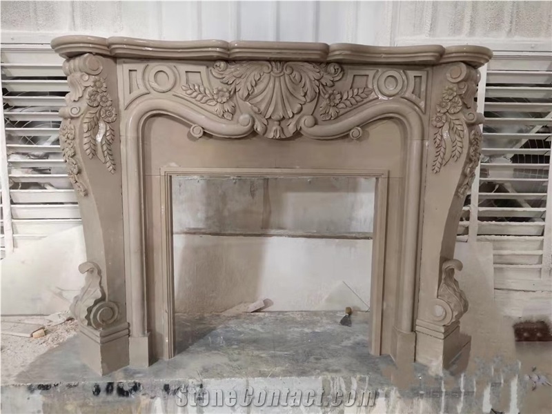 Sculptured Stone Fireplace Marble Sunny Beige Indoor Mantel
