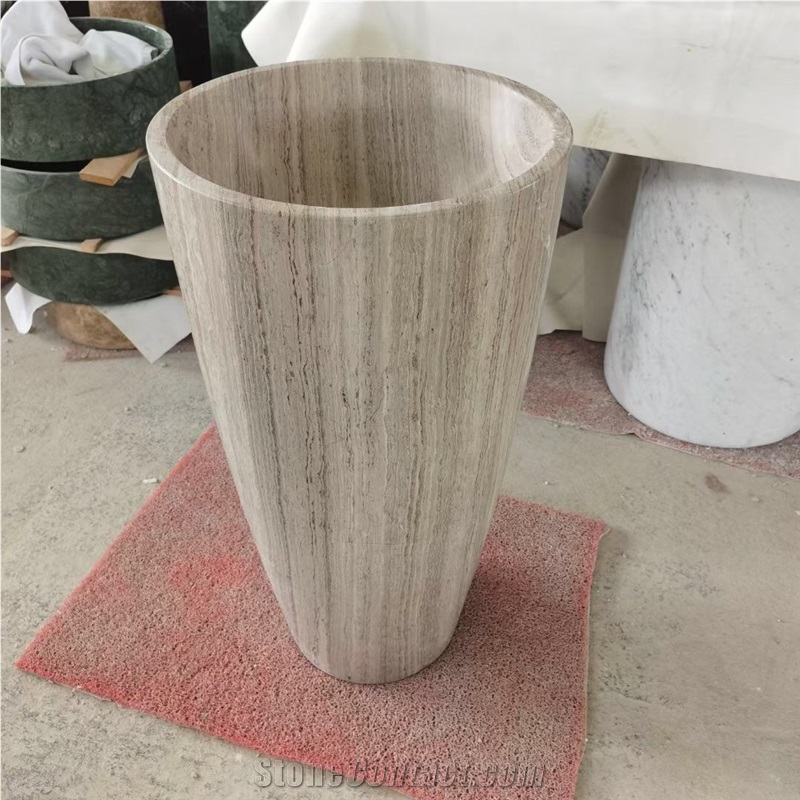 Solid Marble Pedestal Wash Basin Stone Gray Wood Round Sink