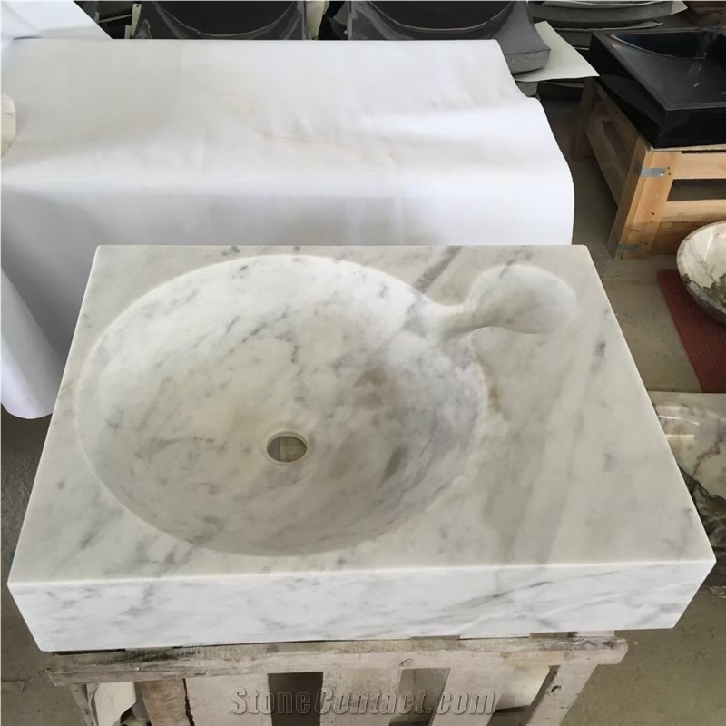 Solid Stone Bathroom Sink Marble Carrara Round Wash Basin