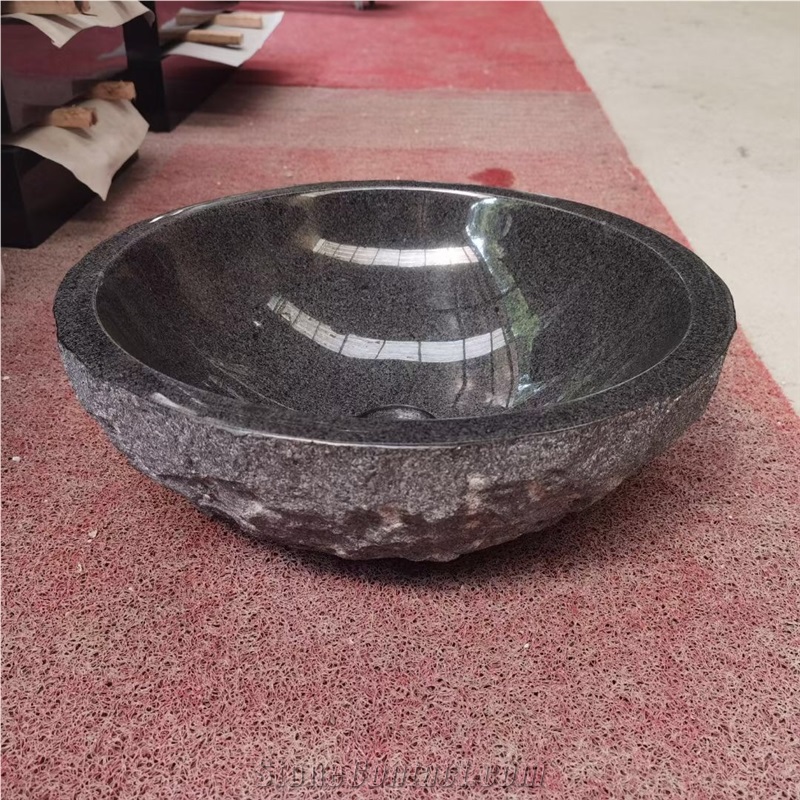 Solid Stone Carved Sink Granite Absolute Black Round Basin