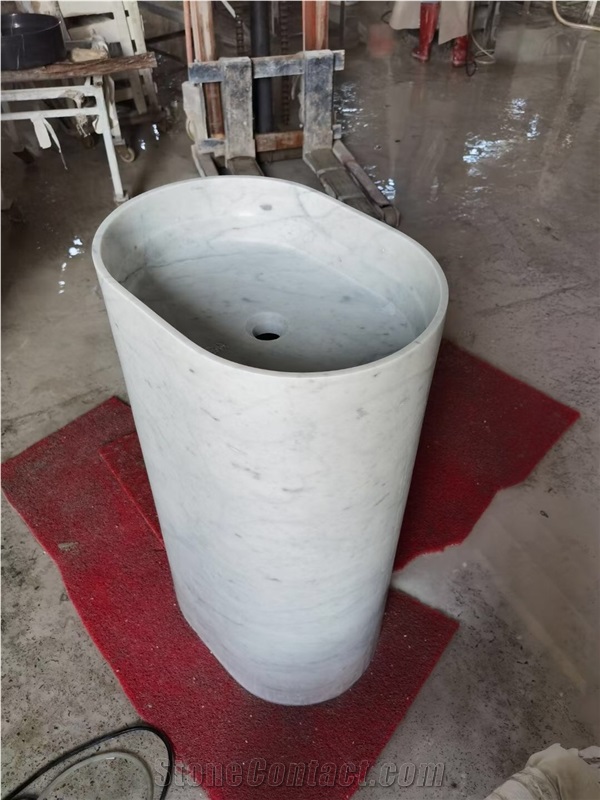 Solid Stone Pedestal Wash Basin Marble Carrara Oval Art Sink