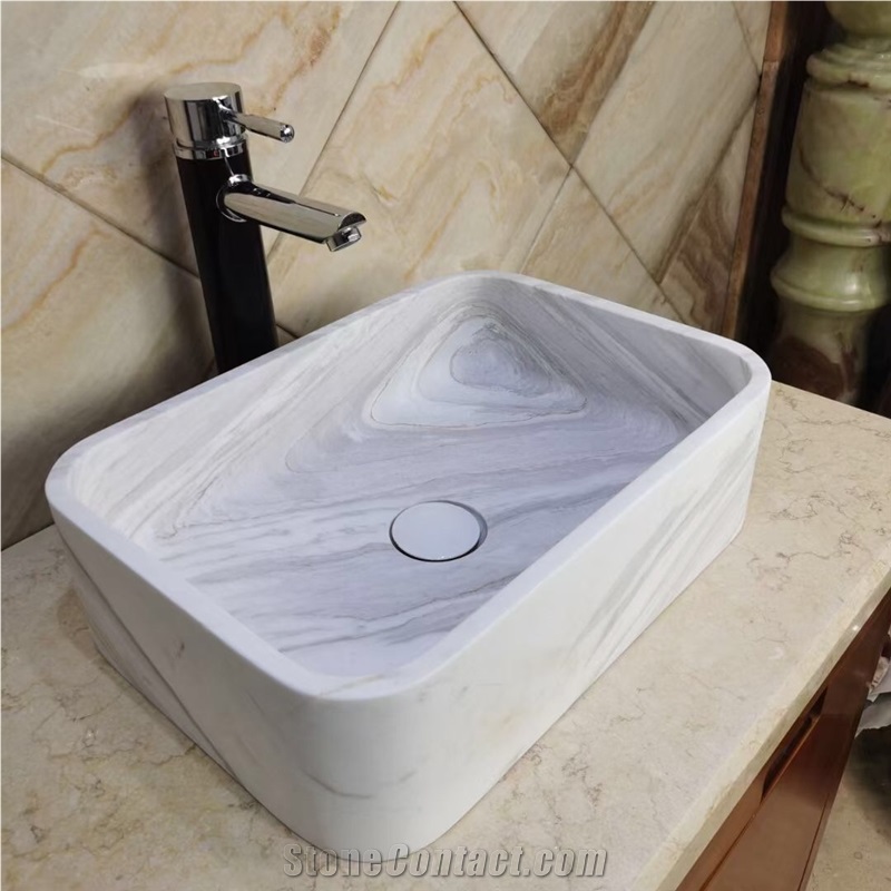 Solid Stone Pedestal Wash Basin Marble White Wood Round Sink