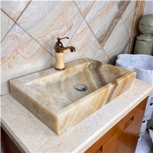 Solid Stone Vessel Bathroom Sink Brown Onyx Wash Basin