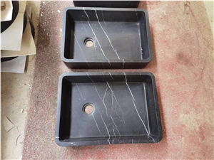 Square Stone Bathroom Sink Marble Marquina Art Wash Basin