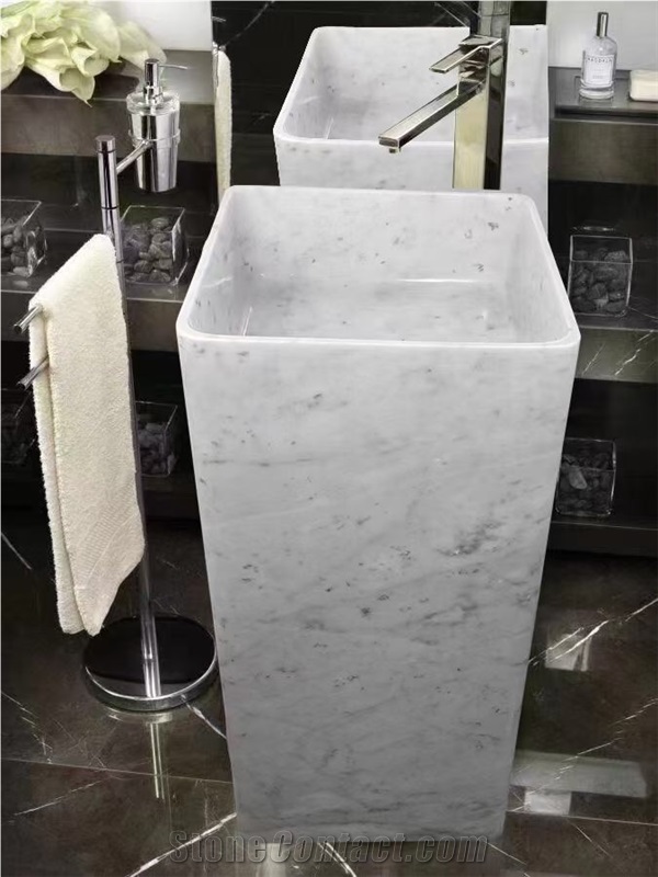 Square Stone Bathroom Sink Marble Statuario Pedestal Basin