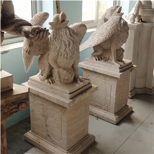 Beige Travertine Griffin Carving Garden Sculpture