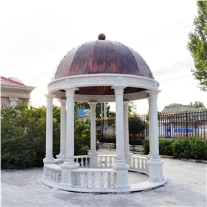 Custom-Made White Marble Roman Column Bronze Dome Gazebo