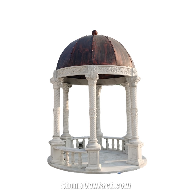 Custom-Made White Marble Roman Column Bronze Dome Gazebo