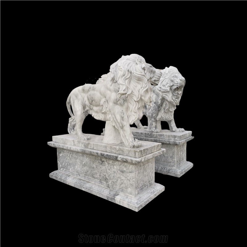 White Marble Carving Lions Sculpture With Square Bases