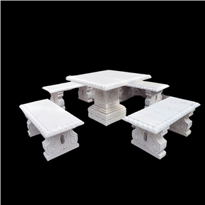 White Marble With Grey Vein Table With Seats For Garden
