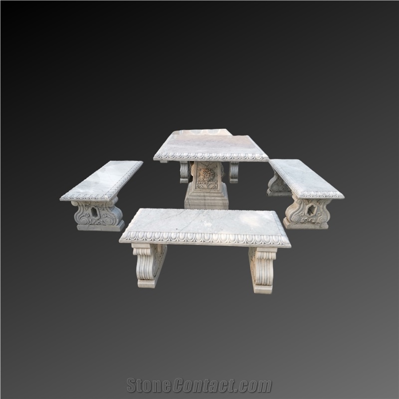 White Marble With Grey Vein Table With Seats For Garden