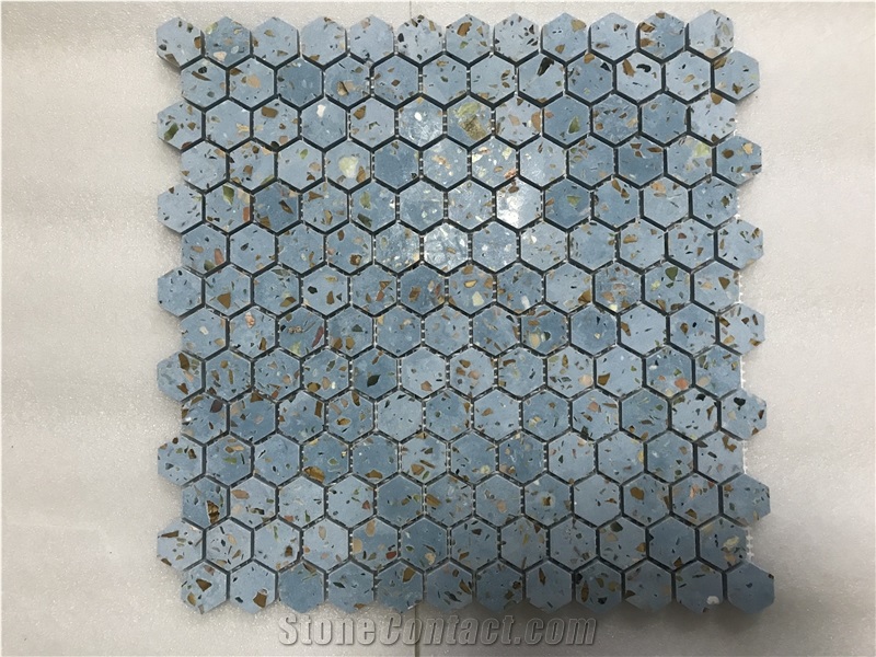 Blue Terrazzo 1 Inch Hexagon Mosaic Cement Mosaic Floor Tile