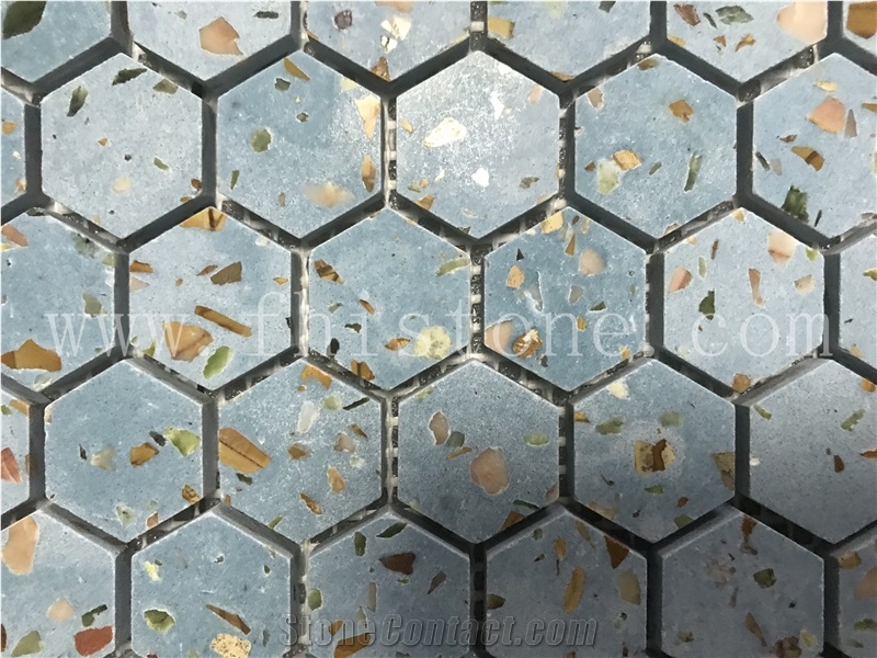 Blue Terrazzo 1 Inch Hexagon Mosaic Cement Mosaic Floor Tile