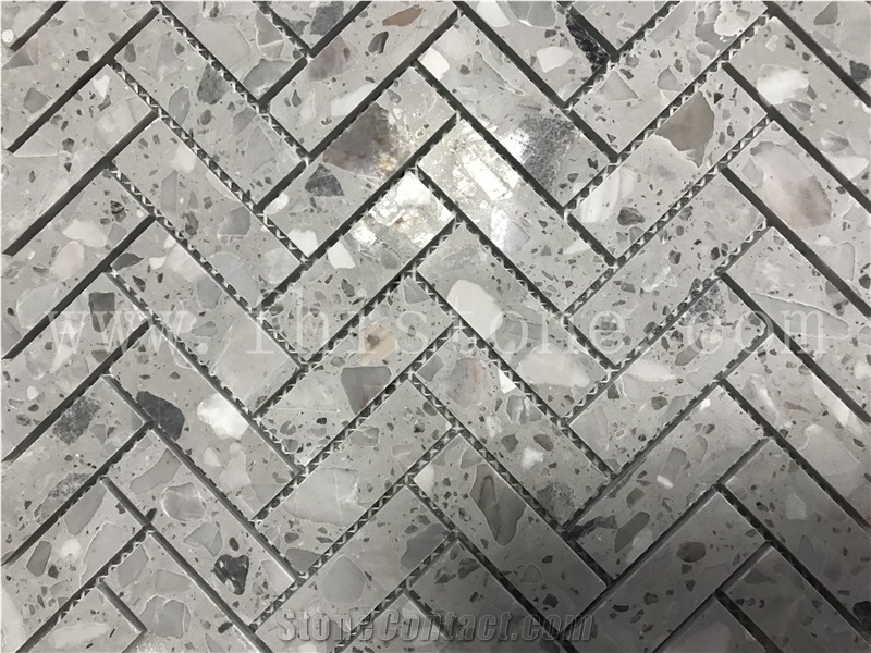 Grey Terrazzo Mosaic Cement Tile Mosaic Floor Herringbone