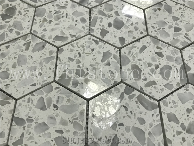 White Terrazzo Mosaic Cement Mosaic Floor Hexagon Mosaic