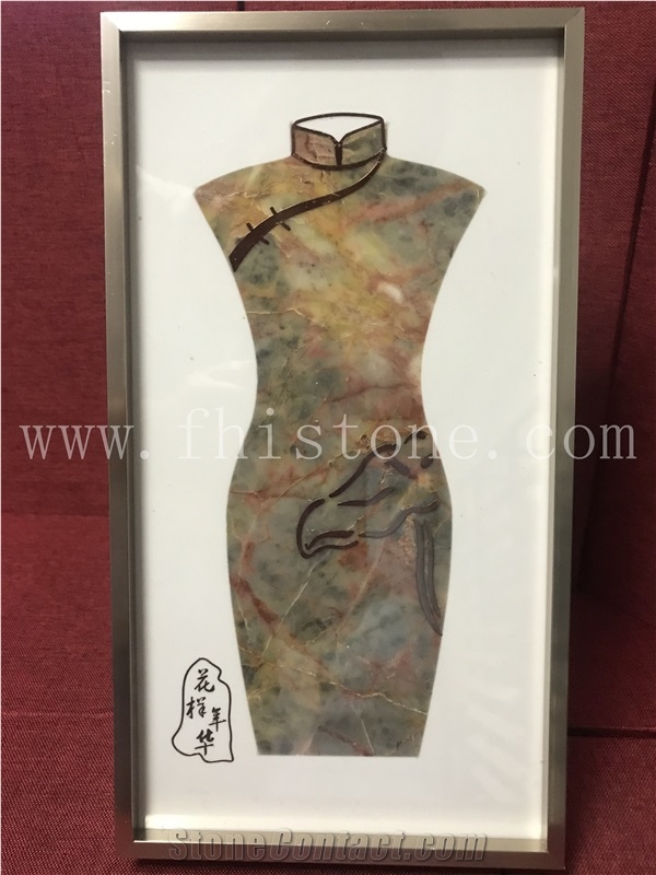 Red Marble Waterjet Stone Carved Cheongsam Women's Gift