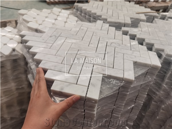 Carrara White Polished Marble Herringbone Mosaic Tile