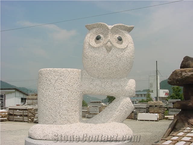 Grey Granite Owl Sculpture, Grey Granite