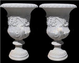 Hand Carving White Marble Flowerpots For Garden Planter