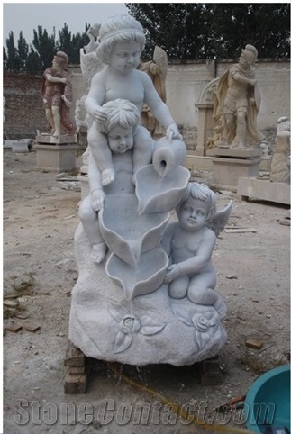 Pure White Marble Fountains With Children Statues