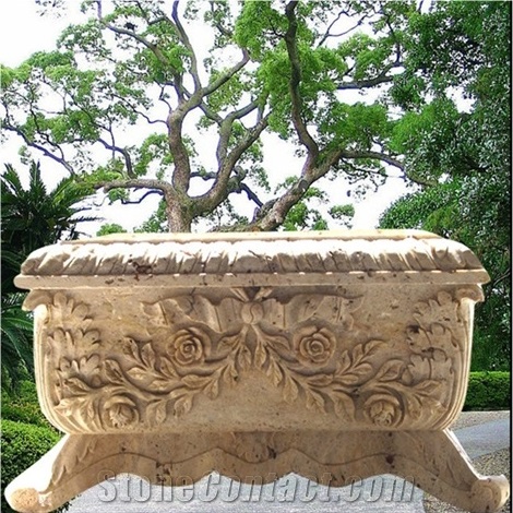 Sculptured Beige Limestone Planters & Vases
