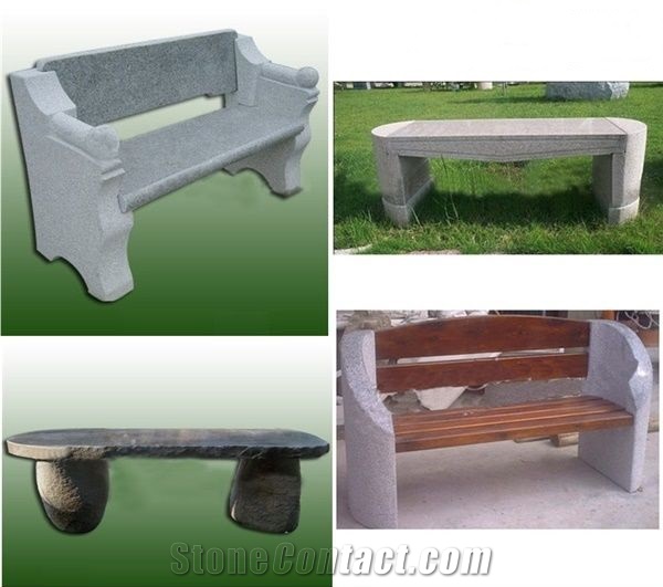 Stone Benches With Wood Surface And Wood Back