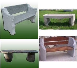 Stone Benches With Wood Surface And Wood Back