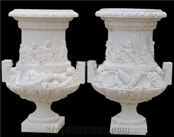 White Marble Hand Carved Flower Pot & Planters