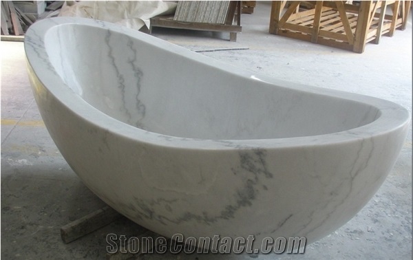 White Marble Oval Bath Hand Carved Tub