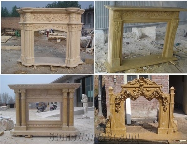 Yellow Beige Hand Carving Craft Marble Fireplace Mantel