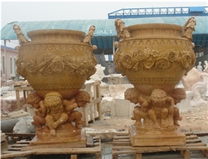 Yellow Beige Limestone Hand Carved Flower Pots