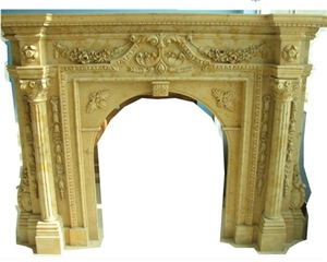 Yellow Beige Limestone Handcraft Carving Fireplace