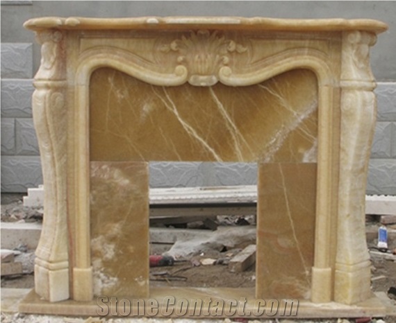Yellow Beige Limestone Handcraft Carving Fireplace