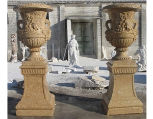 Yellow Travertine Polished Flower Pots & Planters