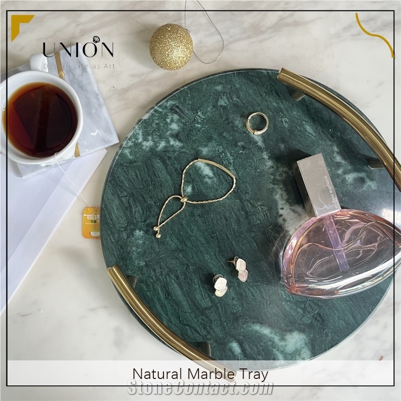 UNION DECO Green Marble Jewelry Tray With Golden Handle