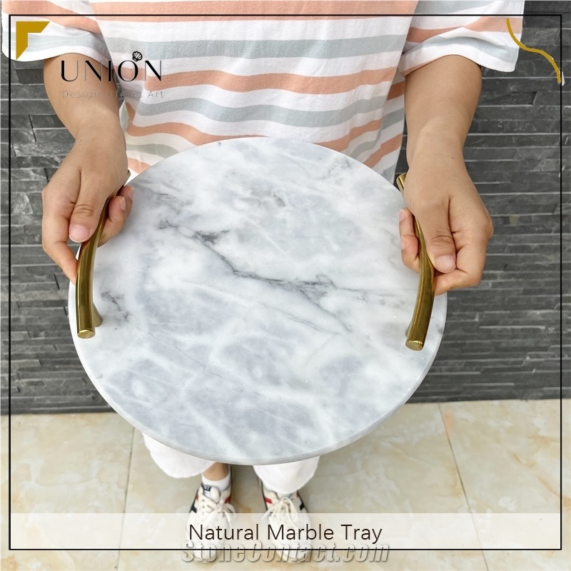 UNION DECO White Marble Vanity Tray With Gold Handle