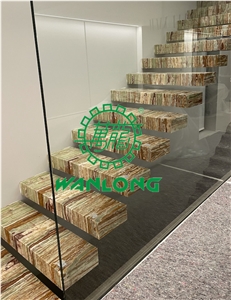 Backlit Bamboo Green Onyx Glass Backer For Stair Step