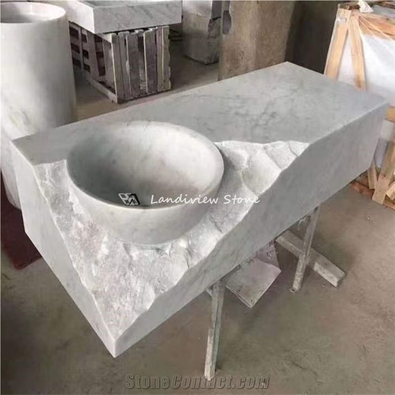 White Stone Free Standing Wash Basin Carved Sinks