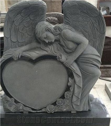 Carved Sitting Angel Monument Grey Granite Upright Headstone