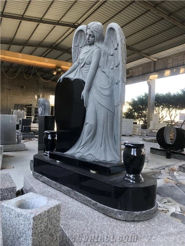 Carved Weeping Black Granite Angel Upright Headstone Monument
