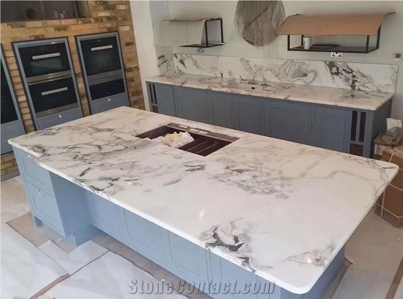 Prefab Marble Dover White Island Tops Stone Kitchen Counter
