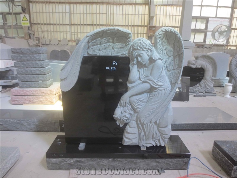 Stone Memorial Sculpture Black Granite Angel Family Memorial